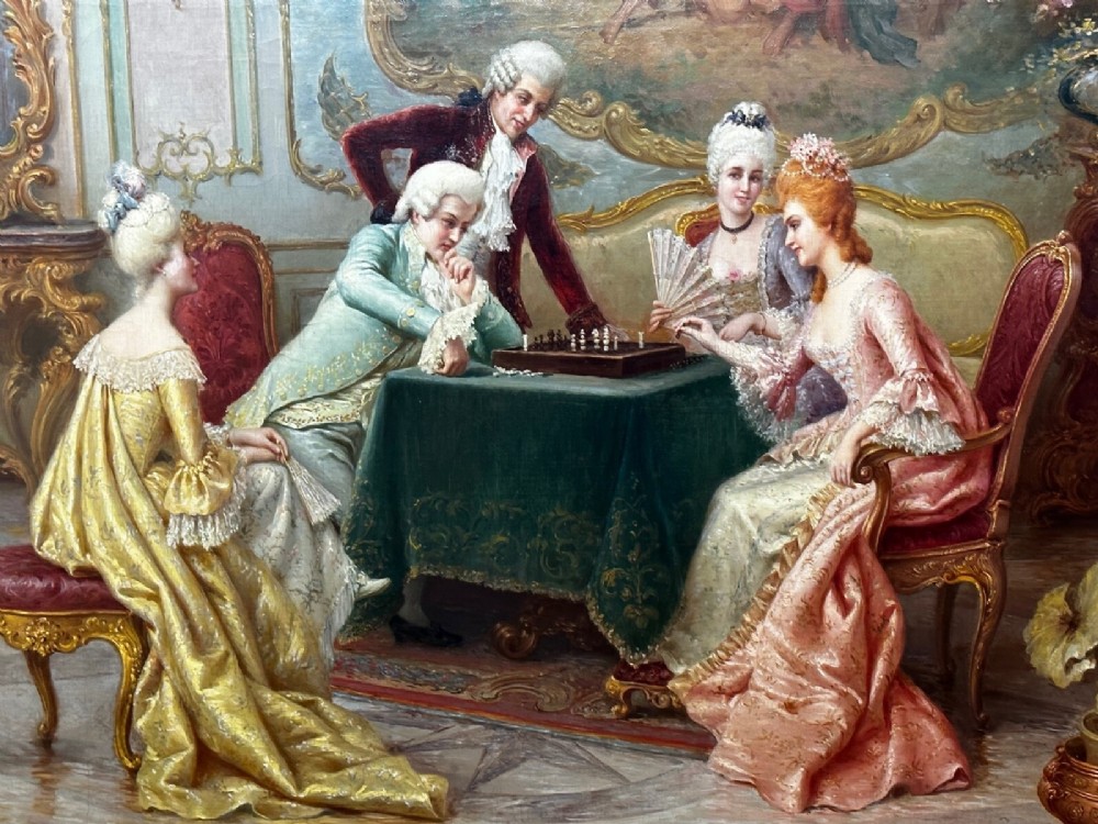 An 19th-century framed oil painting depicting figures in period attire gathered around a table engaged in a game of chess. View XV