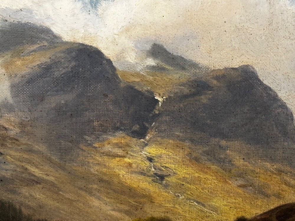A Victorian landscape oil painting depicting a Cumbrian valley with mountains and cattle, set within an ornate gilded frame. View IX