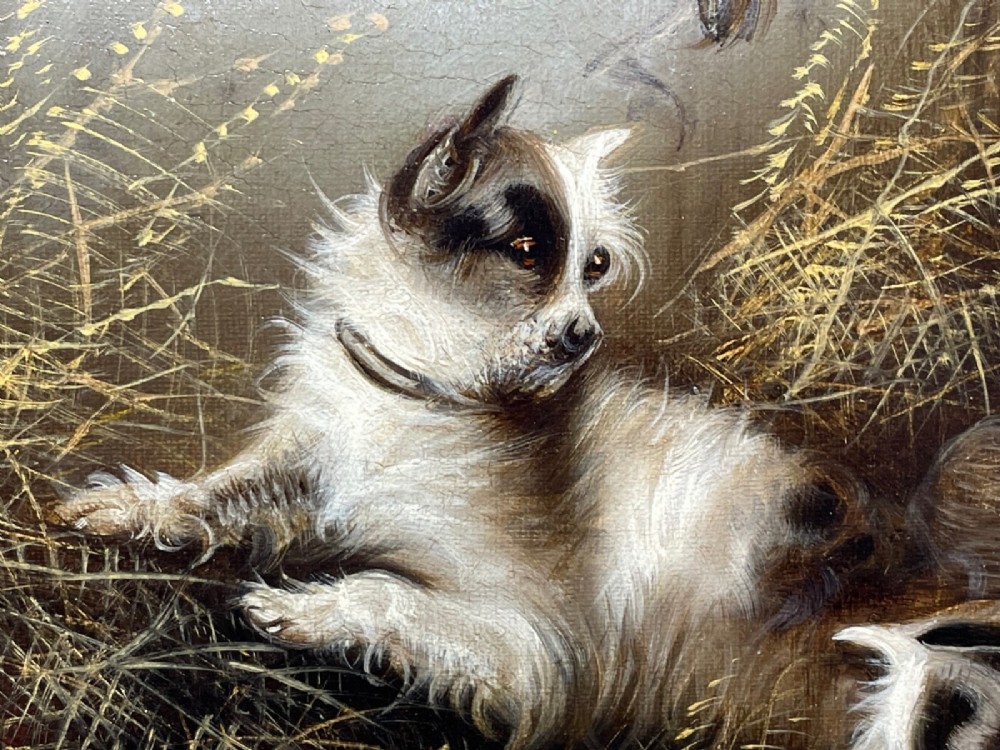 A 19th-century oil painting depicting three working terriers inside a straw-lined barn, presented in an ornate giltwood frame with detailed corner embellishments. View III