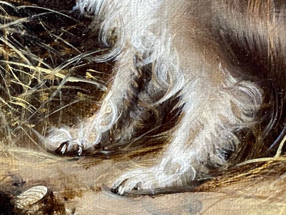 A 19th-century oil painting depicting three working terriers inside a straw-lined barn, presented in an ornate giltwood frame with detailed corner embellishments. View IV