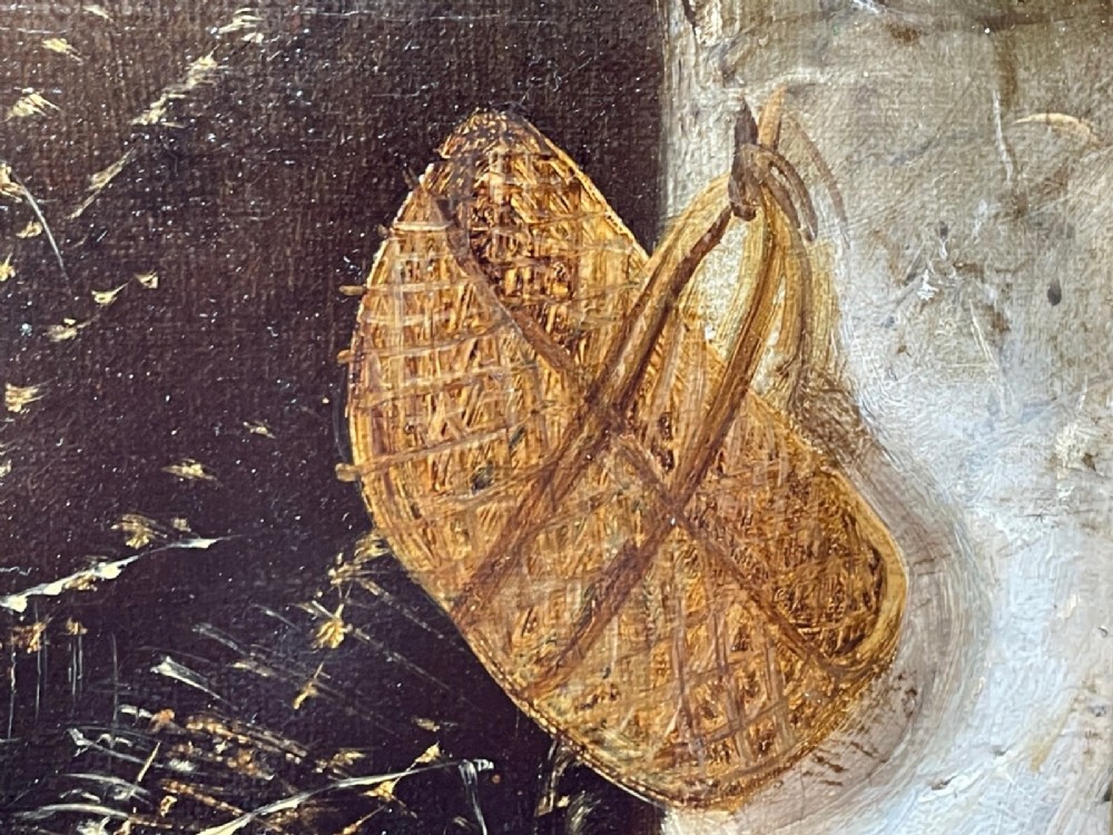 A 19th-century oil painting depicting three working terriers inside a straw-lined barn, presented in an ornate giltwood frame with detailed corner embellishments. View IX