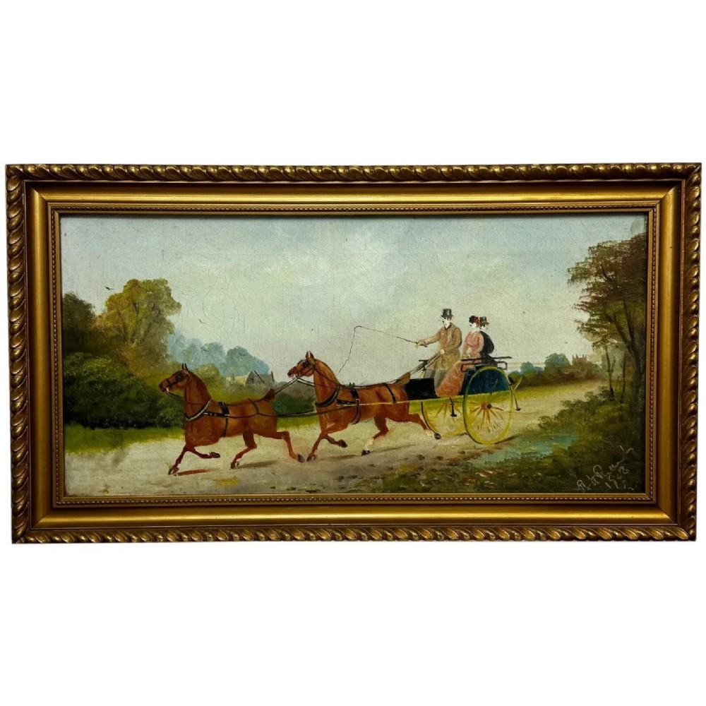 A rectangular framed oil painting depicting two horses drawing a carriage with passengers along a rural dirt road in a gilded twist-moulded frame.