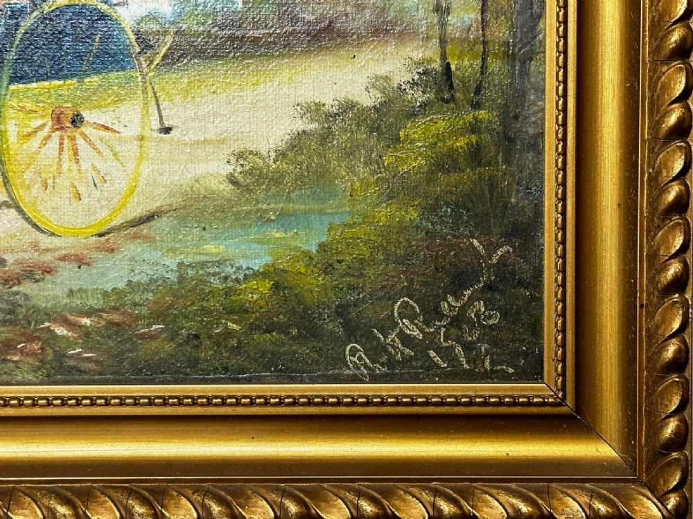 A rectangular framed oil painting depicting two horses drawing a carriage with passengers along a rural dirt road in a gilded twist-moulded frame. View II