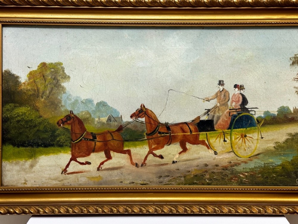 A rectangular framed oil painting depicting two horses drawing a carriage with passengers along a rural dirt road in a gilded twist-moulded frame. View III