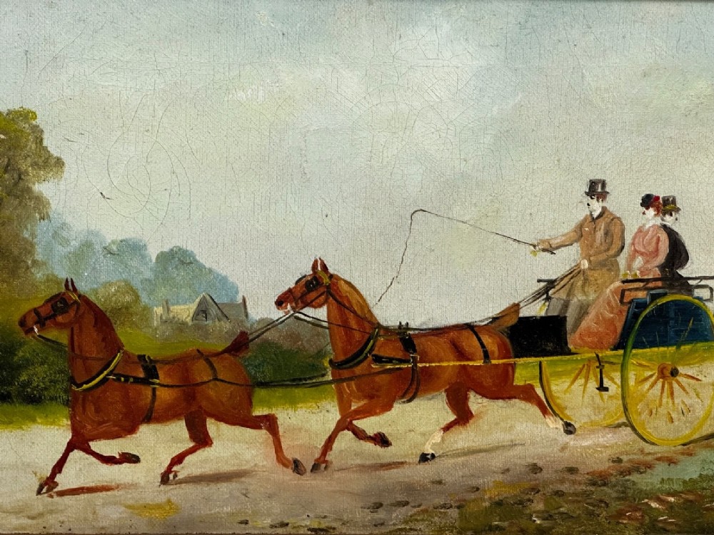 A rectangular framed oil painting depicting two horses drawing a carriage with passengers along a rural dirt road in a gilded twist-moulded frame. View IV