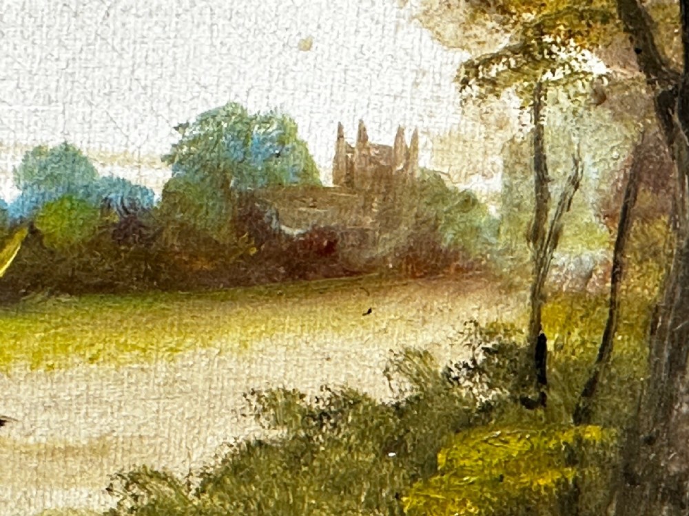 A rectangular framed oil painting depicting two horses drawing a carriage with passengers along a rural dirt road in a gilded twist-moulded frame. View V