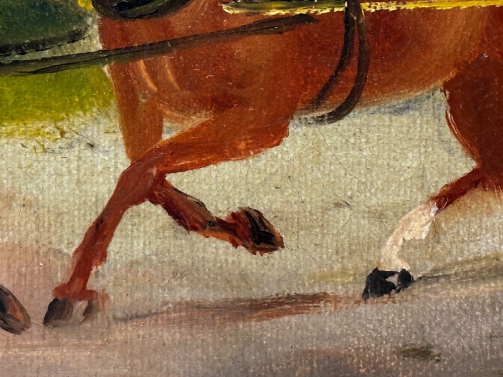 A rectangular framed oil painting depicting two horses drawing a carriage with passengers along a rural dirt road in a gilded twist-moulded frame. View VII