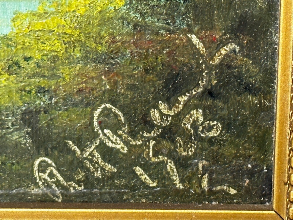 A rectangular framed oil painting depicting two horses drawing a carriage with passengers along a rural dirt road in a gilded twist-moulded frame. View IX