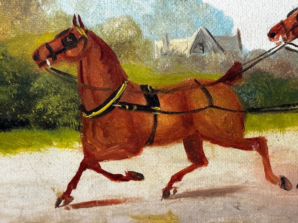 A rectangular framed oil painting depicting two horses drawing a carriage with passengers along a rural dirt road in a gilded twist-moulded frame. View X