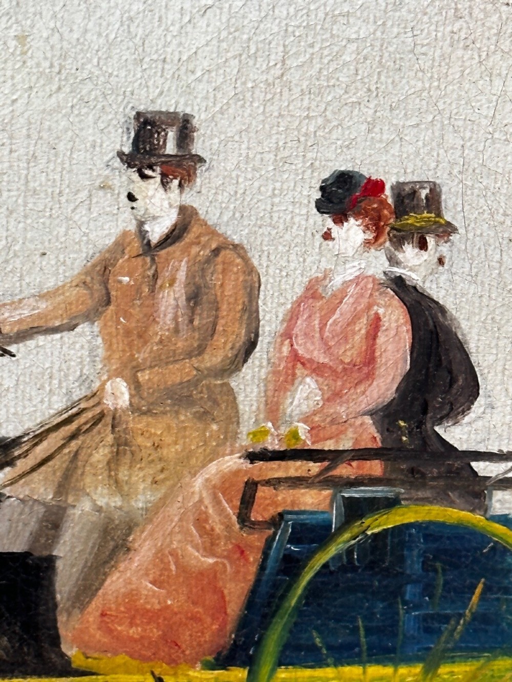 A rectangular framed oil painting depicting two horses drawing a carriage with passengers along a rural dirt road in a gilded twist-moulded frame. View XI