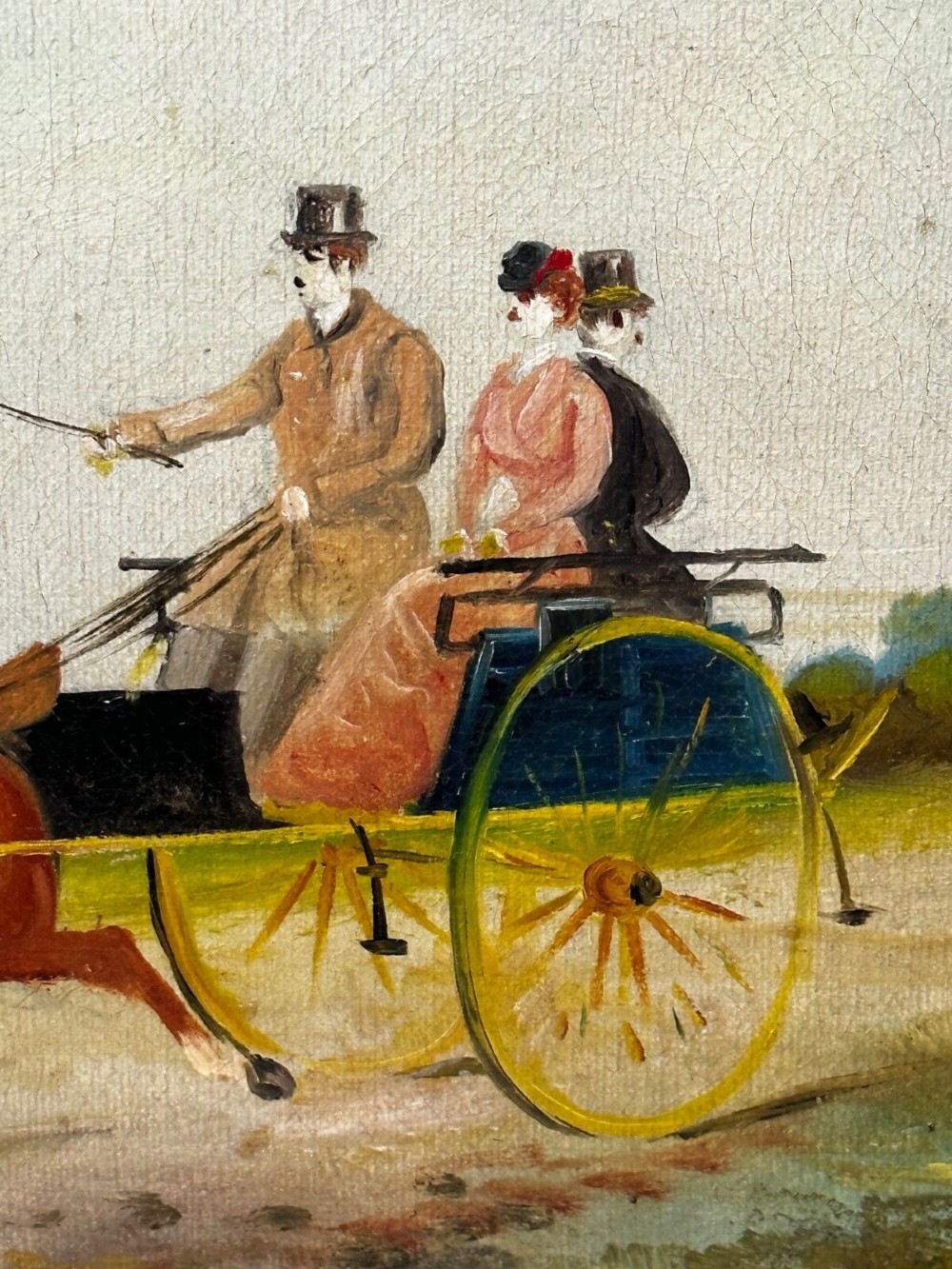 A rectangular framed oil painting depicting two horses drawing a carriage with passengers along a rural dirt road in a gilded twist-moulded frame. View XII