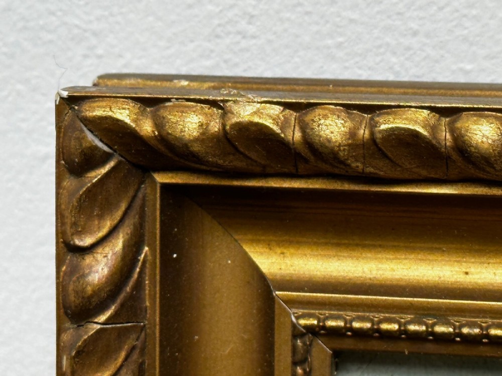 A rectangular framed oil painting depicting two horses drawing a carriage with passengers along a rural dirt road in a gilded twist-moulded frame. View XIII
