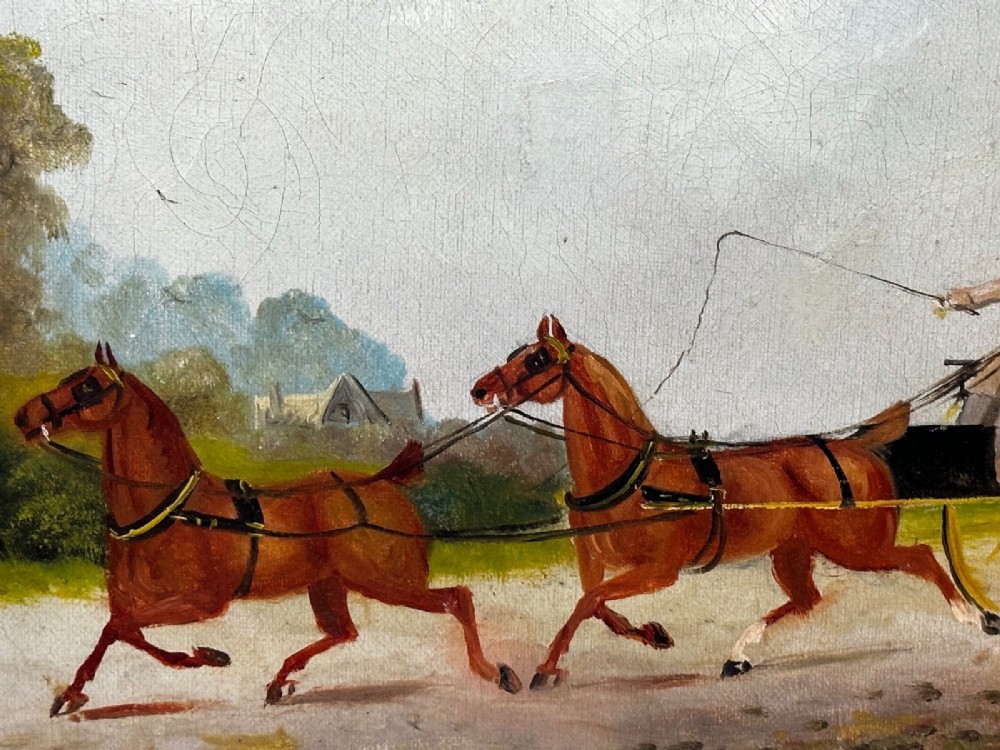 A rectangular framed oil painting depicting two horses drawing a carriage with passengers along a rural dirt road in a gilded twist-moulded frame. View XIV