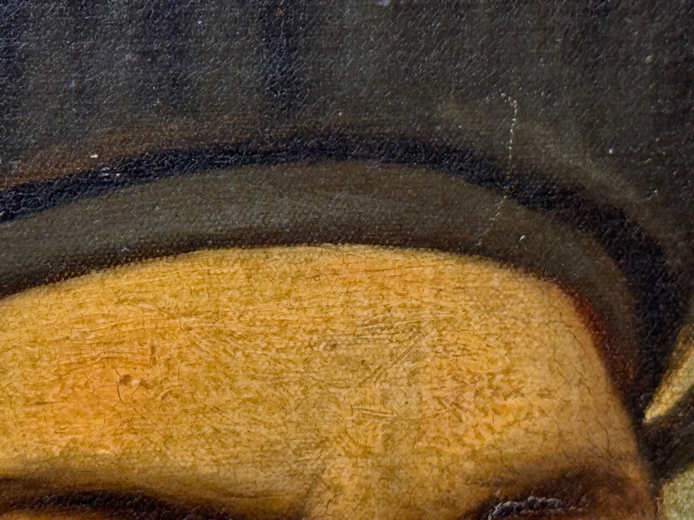An oil painting on canvas depicting Sir Thomas More wearing a Tudor velvet cap and chain of office, enclosed within an ornate gilt wooden frame. View VIII
