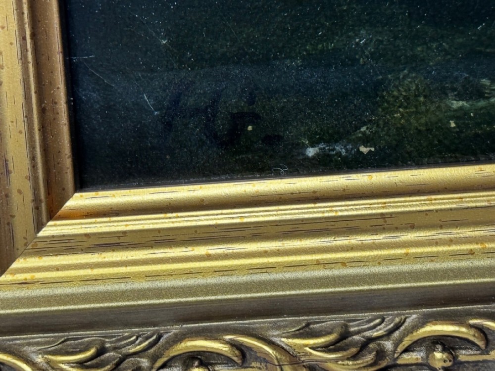 An antique oil painting depicting a burning nineteenth-century ship on a dark sea, enclosed in a heavily moulded gold gilt frame. View III