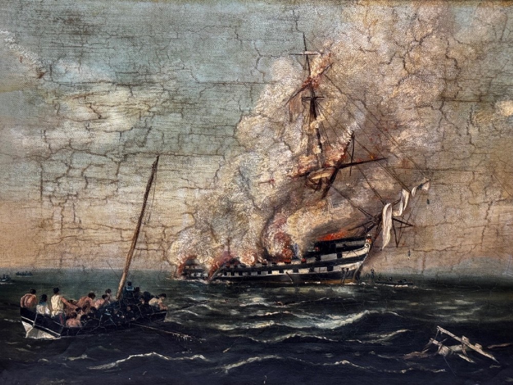 An antique oil painting depicting a burning nineteenth-century ship on a dark sea, enclosed in a heavily moulded gold gilt frame. View IV