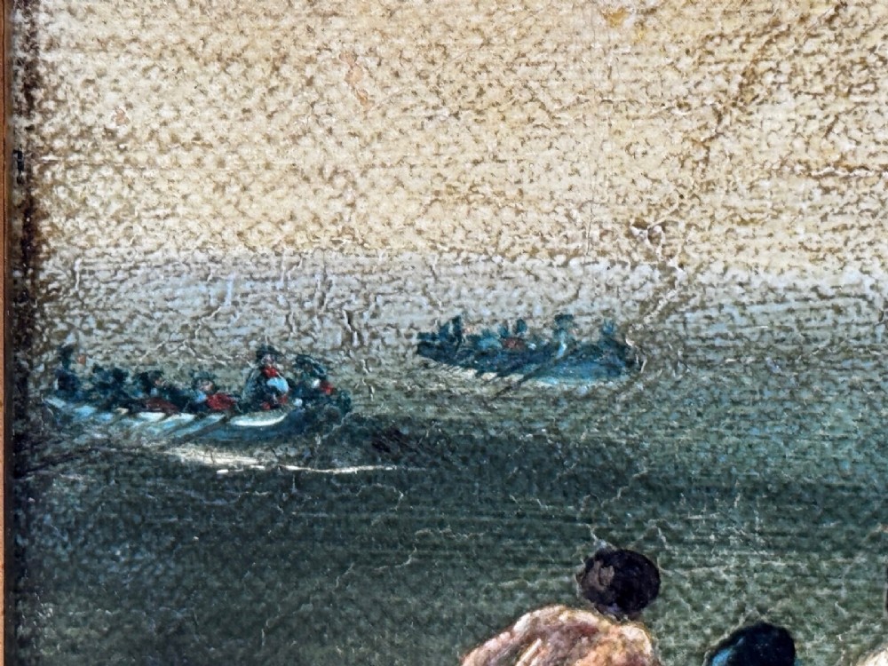 An antique oil painting depicting a burning nineteenth-century ship on a dark sea, enclosed in a heavily moulded gold gilt frame. View IX