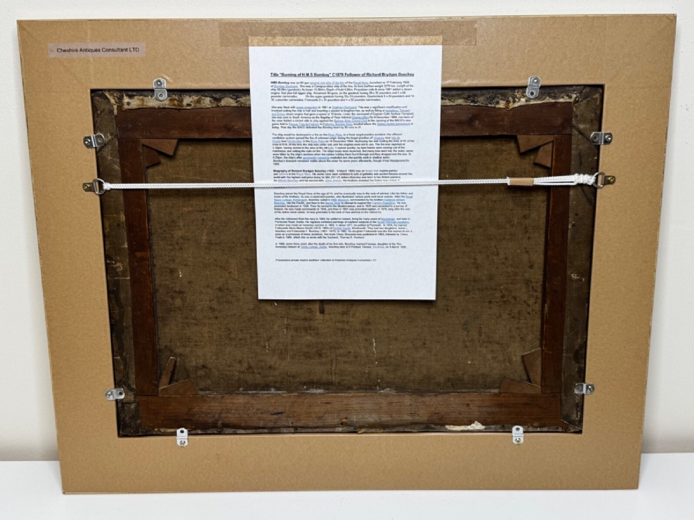 An antique oil painting depicting a burning nineteenth-century ship on a dark sea, enclosed in a heavily moulded gold gilt frame. View X