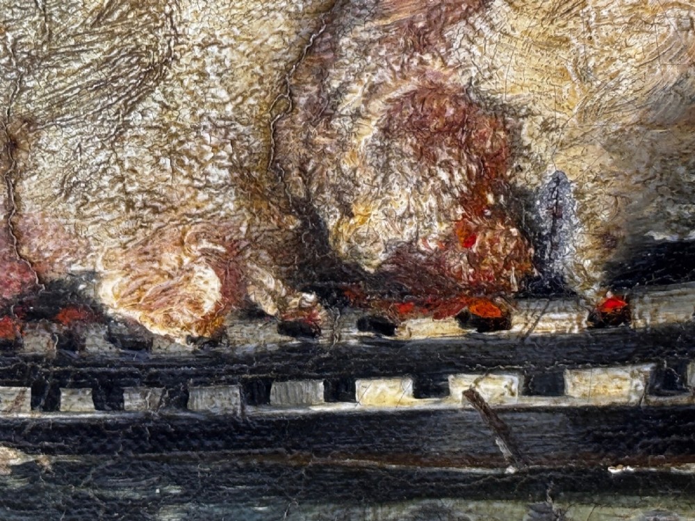 An antique oil painting depicting a burning nineteenth-century ship on a dark sea, enclosed in a heavily moulded gold gilt frame. View XIII