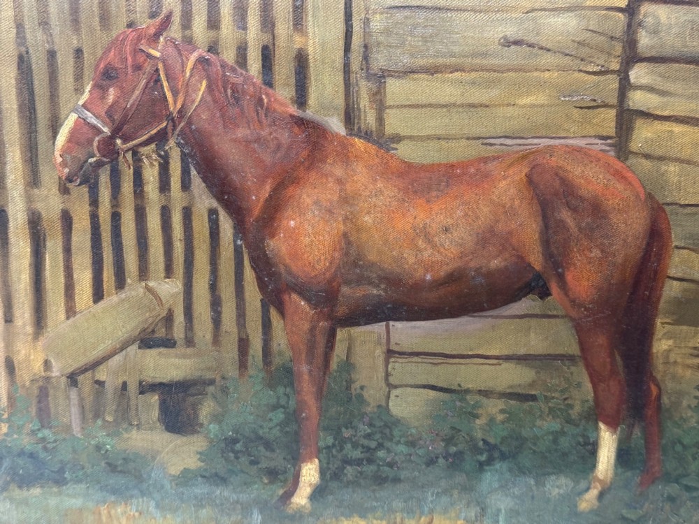 A framed oil painting depicting a brown horse standing in profile in front of a weathered wooden barn structure. View VI