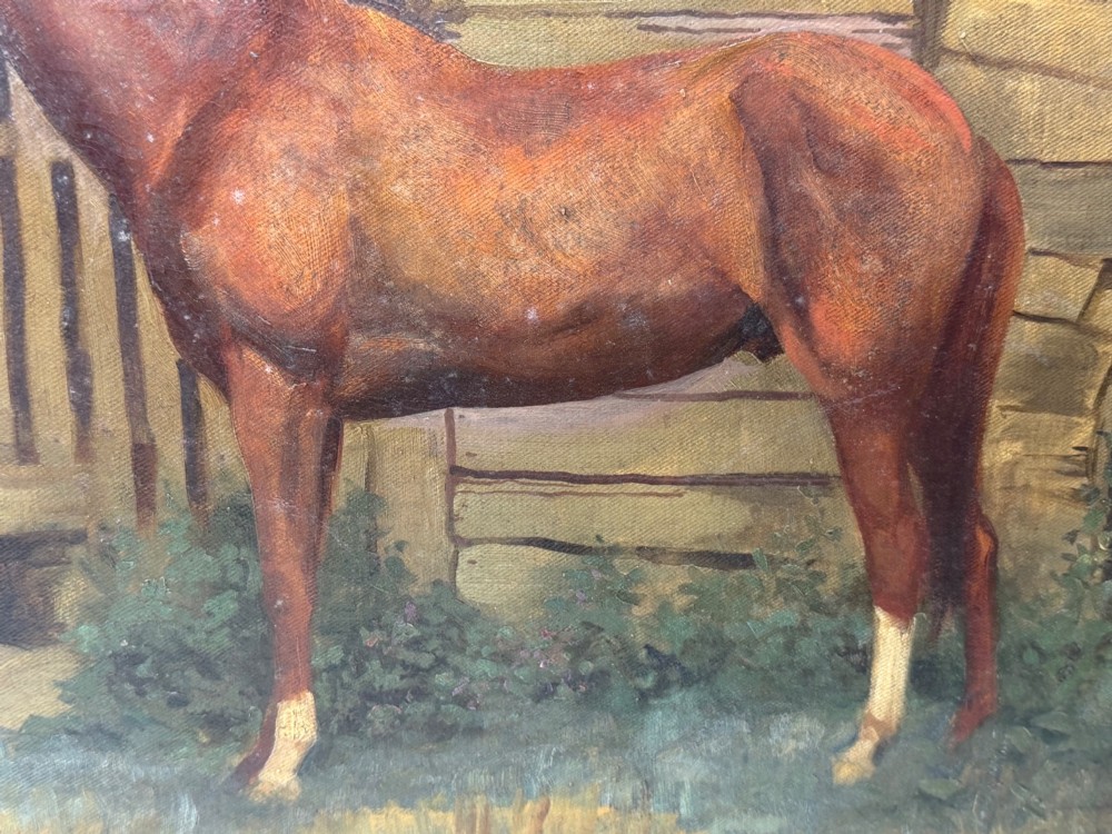 A framed oil painting depicting a brown horse standing in profile in front of a weathered wooden barn structure. View VII