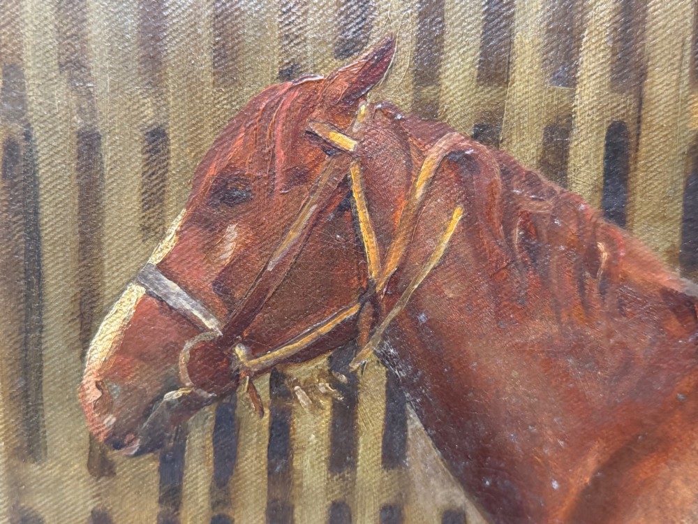A framed oil painting depicting a brown horse standing in profile in front of a weathered wooden barn structure. View IX