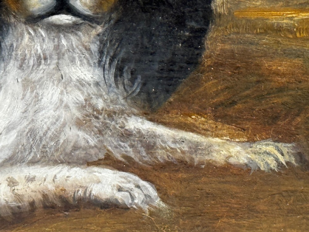 A nineteenth-century framed oil painting depicting a Blenheim spaniel and a tricolour spaniel seated outdoors, enclosed within an ornate gold giltwood frame. View III