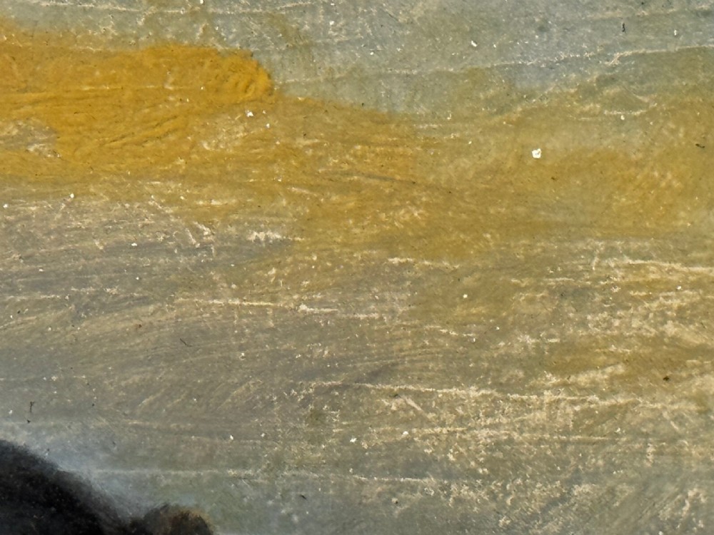 A nineteenth-century framed oil painting depicting a Blenheim spaniel and a tricolour spaniel seated outdoors, enclosed within an ornate gold giltwood frame. View X