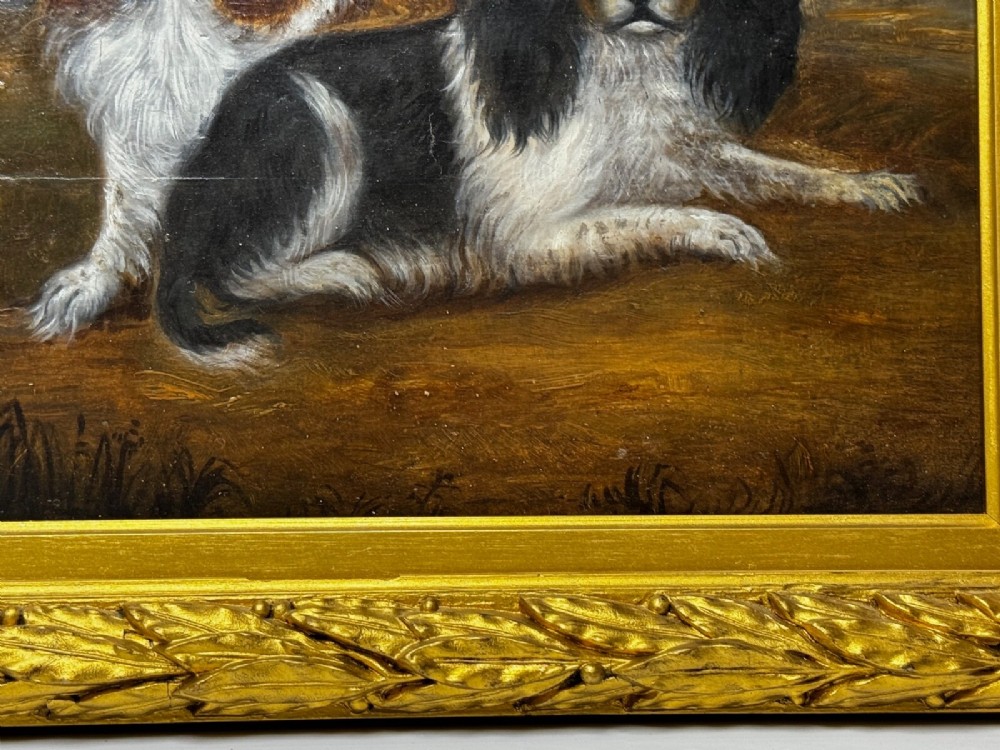 A nineteenth-century framed oil painting depicting a Blenheim spaniel and a tricolour spaniel seated outdoors, enclosed within an ornate gold giltwood frame. View XIV