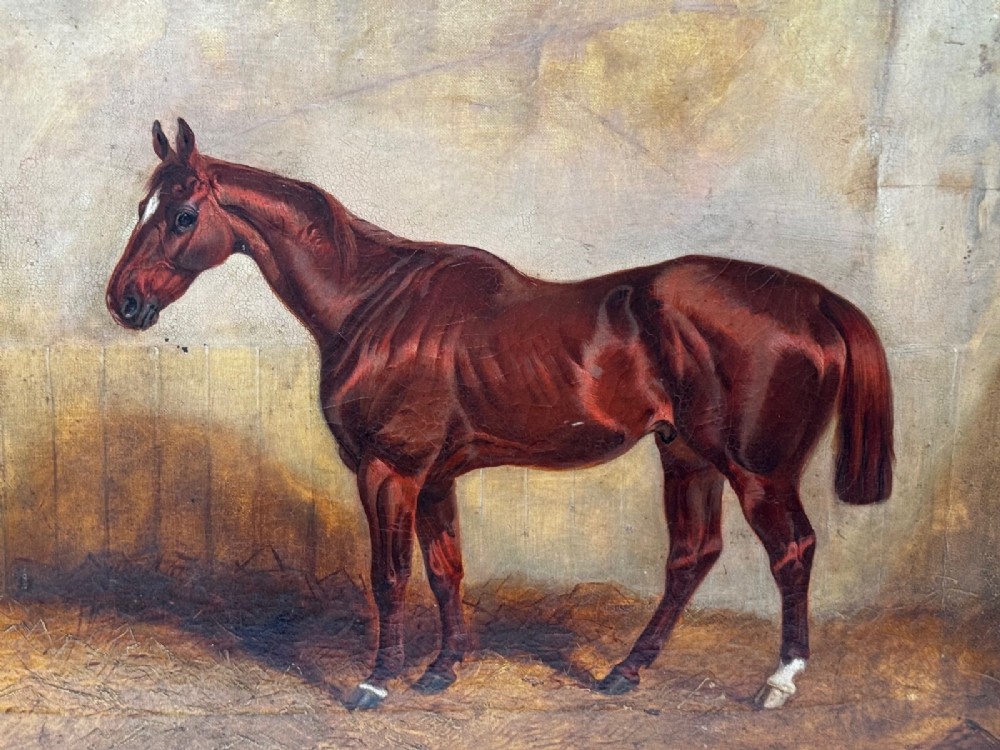 An 1843 oil painting depicting a chestnut hunter horse standing in a stable, encased in an ornate gilded carved frame. View II