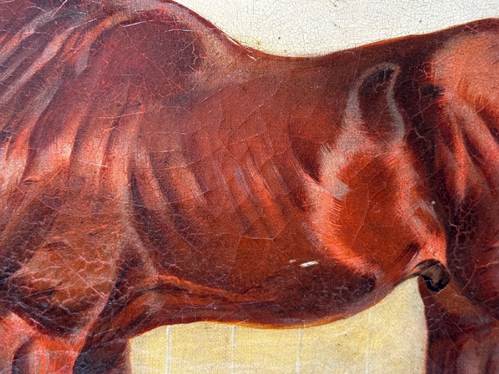 An 1843 oil painting depicting a chestnut hunter horse standing in a stable, encased in an ornate gilded carved frame. View VIII