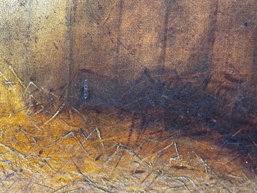 An 1843 oil painting depicting a chestnut hunter horse standing in a stable, encased in an ornate gilded carved frame. View XI