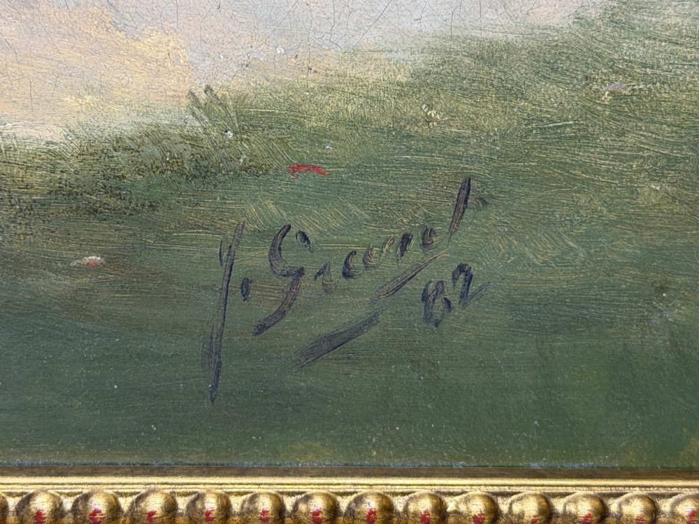 A Victorian oil painting depicting a gentleman in formal riding attire atop a brown horse, framed within a wide gold gilded frame. View V