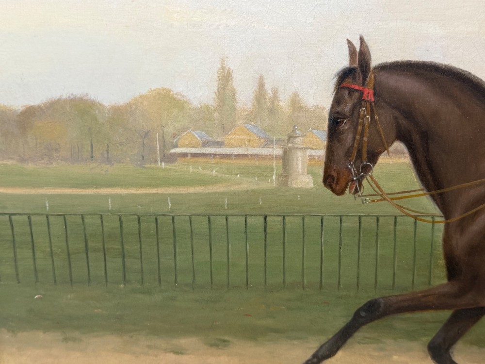 A Victorian oil painting depicting a gentleman in formal riding attire atop a brown horse, framed within a wide gold gilded frame. View IX