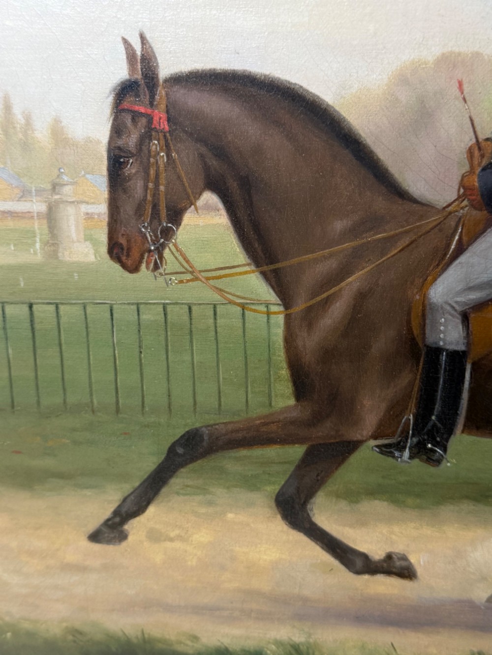 A Victorian oil painting depicting a gentleman in formal riding attire atop a brown horse, framed within a wide gold gilded frame. View XIII