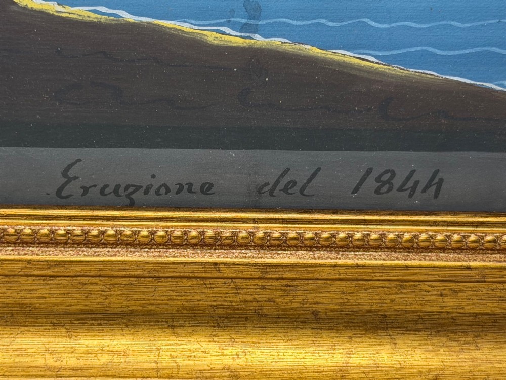 A framed 19th-century gouache painting depicting the eruption of Mount Vesuvius over the Bay of Naples with sailboats in the foreground. View VIII