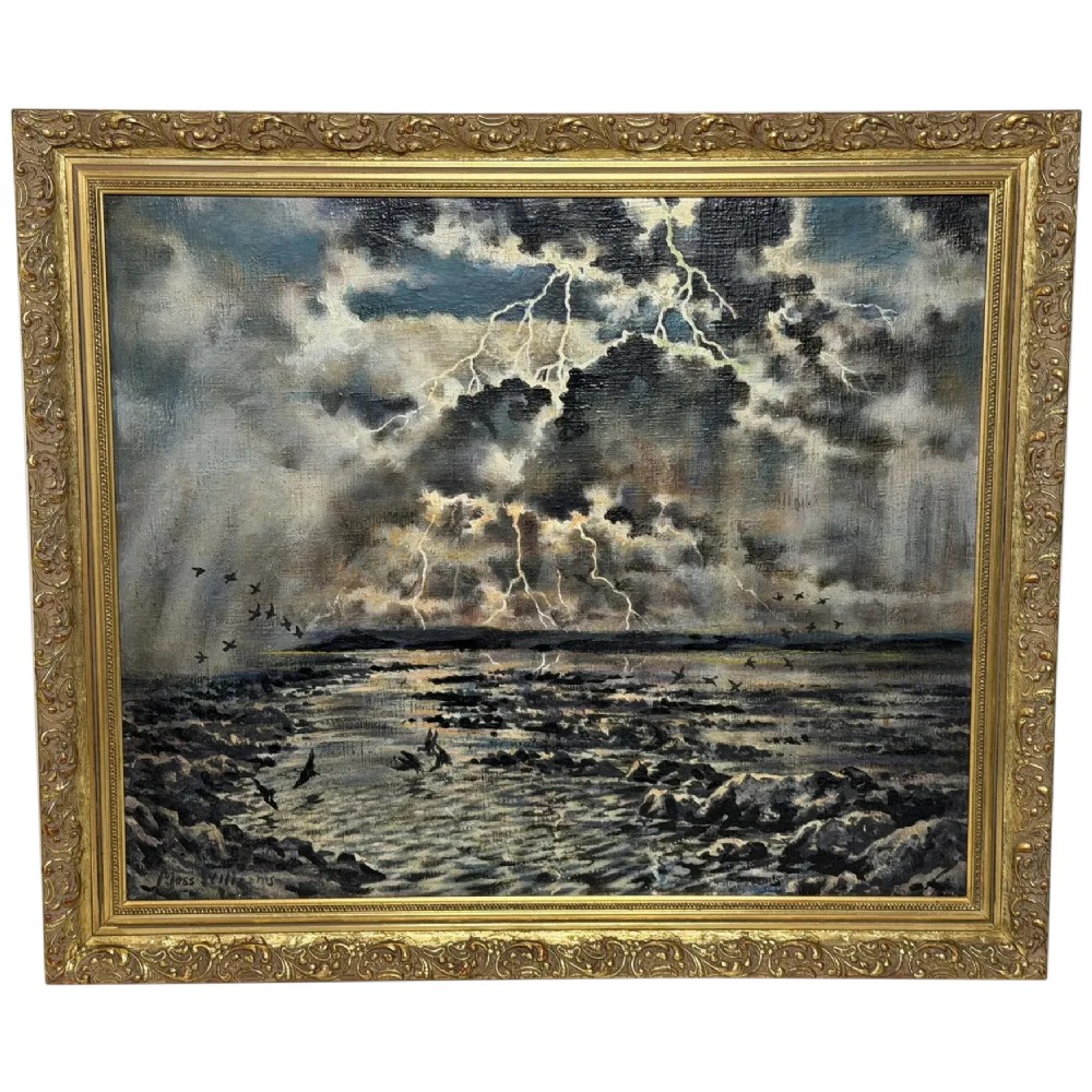 A framed oil painting depicting a lightning storm over a rocky coastal bay with birds flying near the water surface.