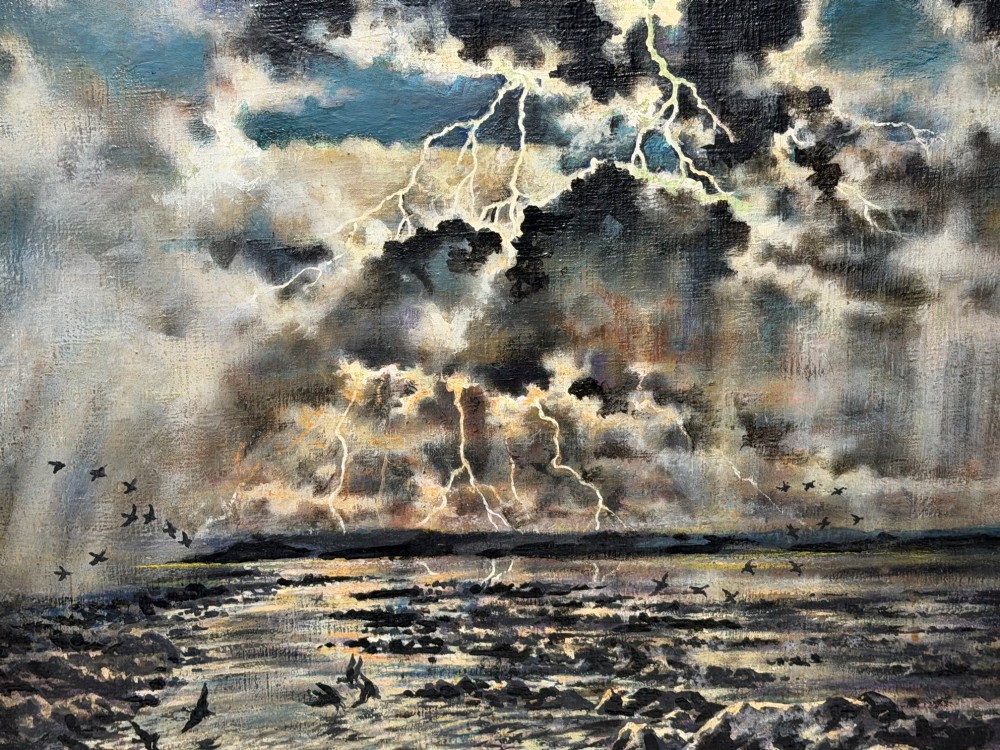 A framed oil painting depicting a lightning storm over a rocky coastal bay with birds flying near the water surface. View V