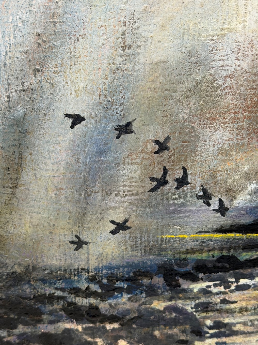 A framed oil painting depicting a lightning storm over a rocky coastal bay with birds flying near the water surface. View VIII