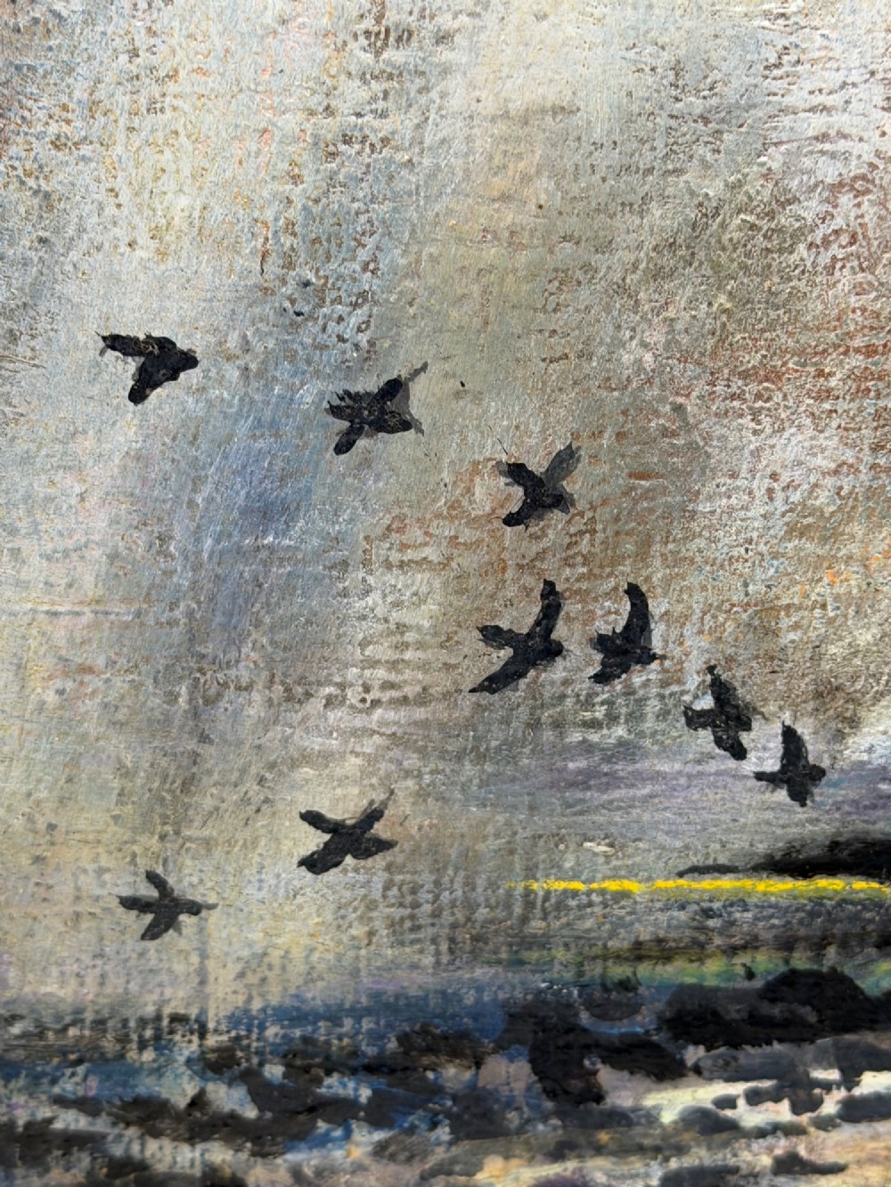 A framed oil painting depicting a lightning storm over a rocky coastal bay with birds flying near the water surface. View IX