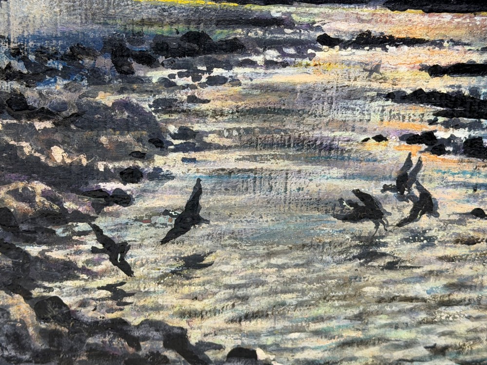 A framed oil painting depicting a lightning storm over a rocky coastal bay with birds flying near the water surface. View X