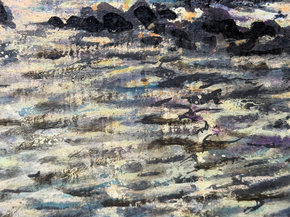 A framed oil painting depicting a lightning storm over a rocky coastal bay with birds flying near the water surface. View XI