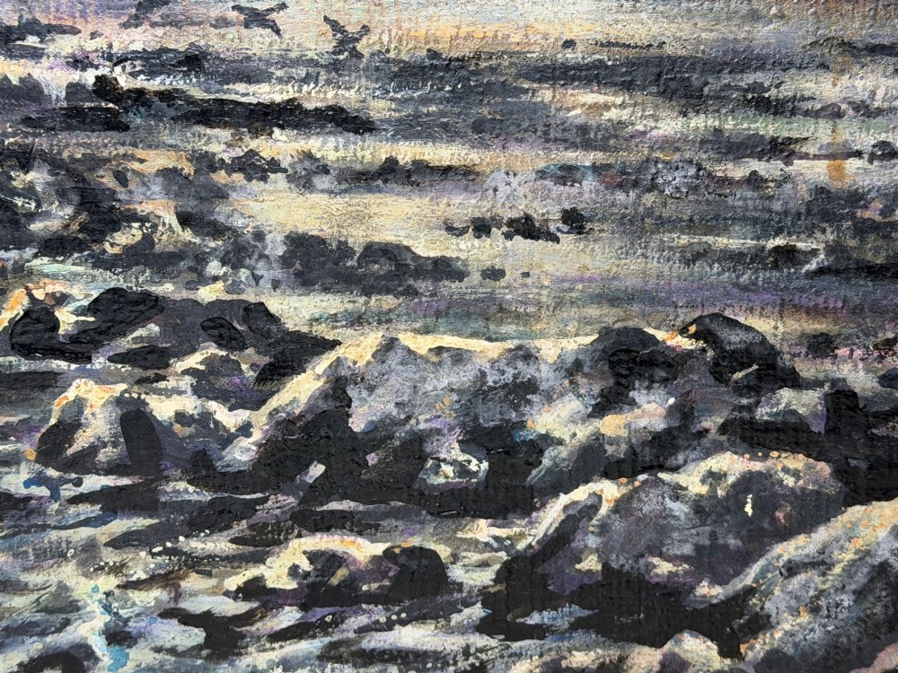 A framed oil painting depicting a lightning storm over a rocky coastal bay with birds flying near the water surface. View XII