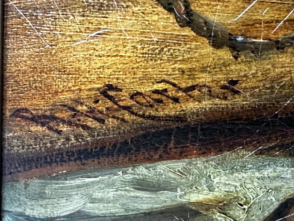 An antique oil painting depicting a bearded fisherman in a green knitted jumper sitting in a boat with his catch, encased in a dark wooden frame. View VII