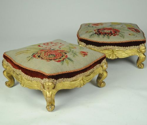 pair of parcel gilt foot stools - CATEGORY: ANTIQUE STOOLS - DATED 1850