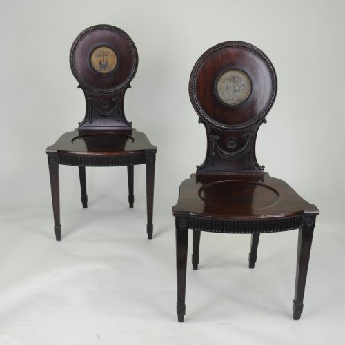 pair of mahogany hall chairs with painted armorials - CATEGORY: ANTIQUE CHAIRS - DATED 1800