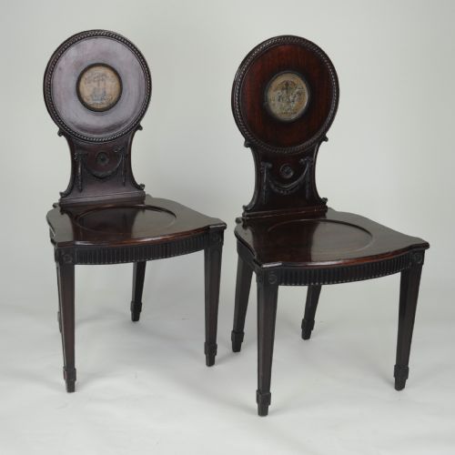 PAIR OF MAHOGANY HALL CHAIRS WITH PAINTED ARMORIALS - ADDITIONAL PHOTO 4