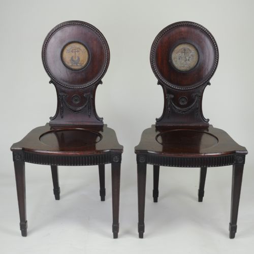 PAIR OF MAHOGANY HALL CHAIRS WITH PAINTED ARMORIALS - ADDITIONAL PHOTO 5