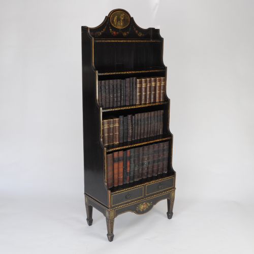 fine quality 19th century black painted waterfall bookshelvesbookcase - CATEGORY: ANTIQUE BOOKCASES - DATED 19TH CENTURY