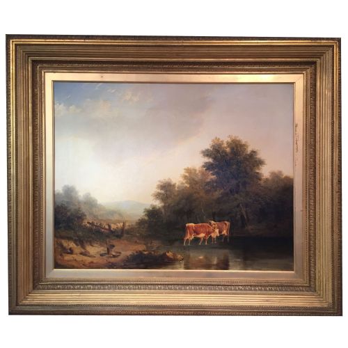 large 19th century oil painting of cattle cows watering in a landscape - CATEGORY: ANTIQUE ART - DATED 1850